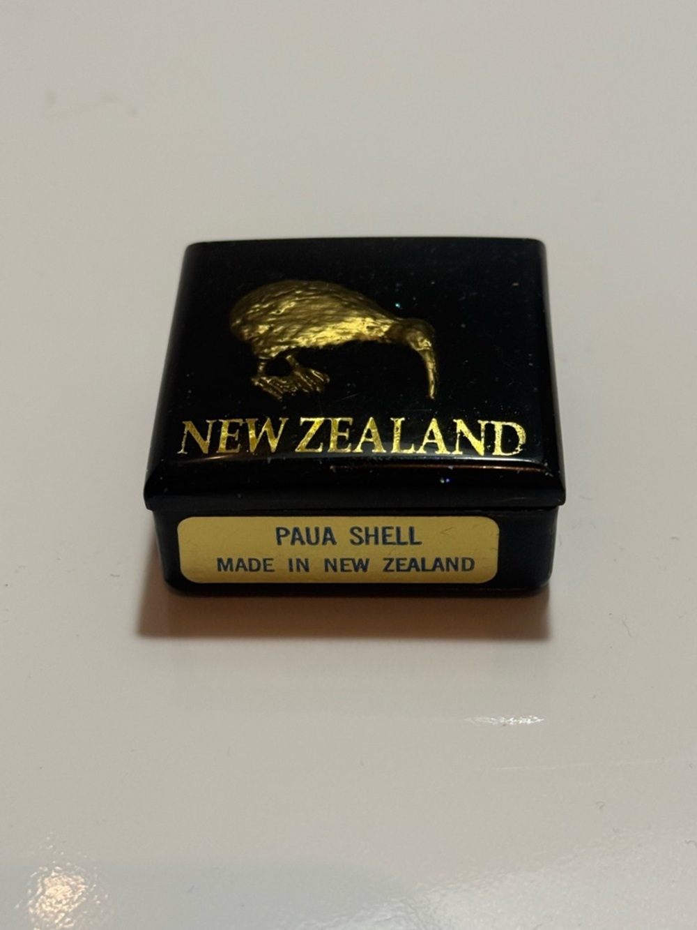 New Zealand Trinket Box Lidded Metal Paua Shell Inlay Kiwi Bird Square 2”x2”
